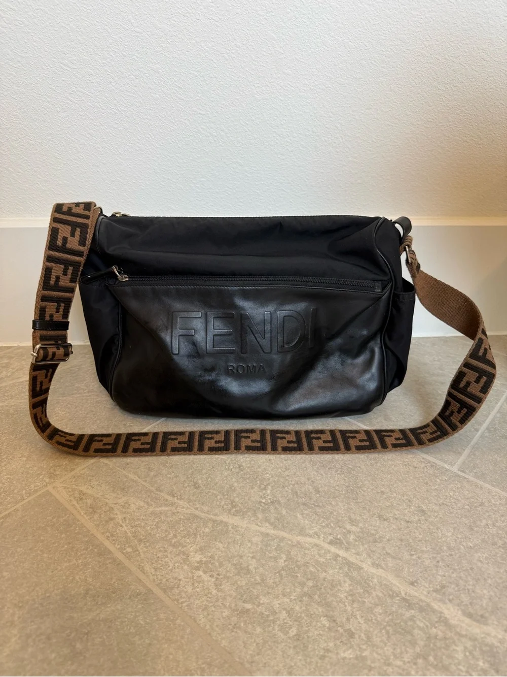 Fendi Black Leather Messenger Bag with Brown FF Jacquard Strap